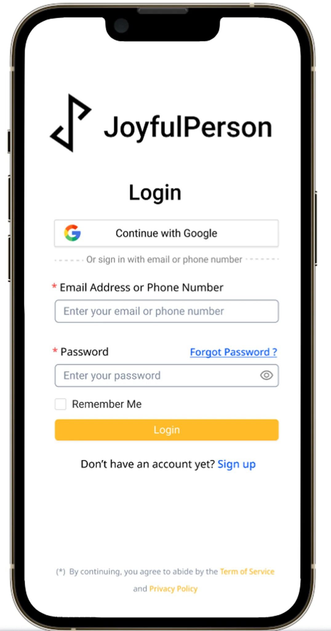 JoyForm mobile login displayed on a phone