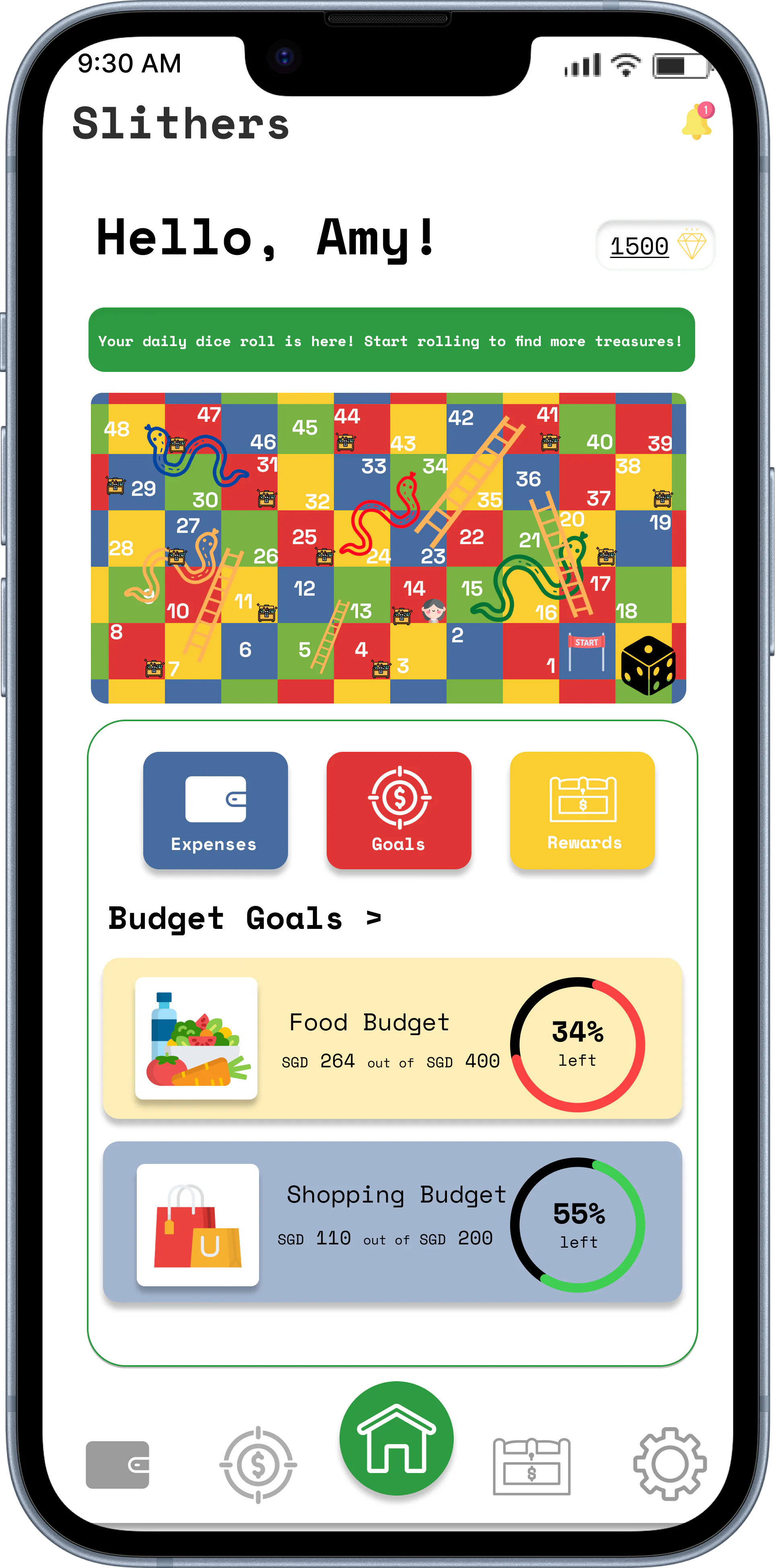 Slithers home screen combining the daily game board, core budgeting actions and budget-goal progress.