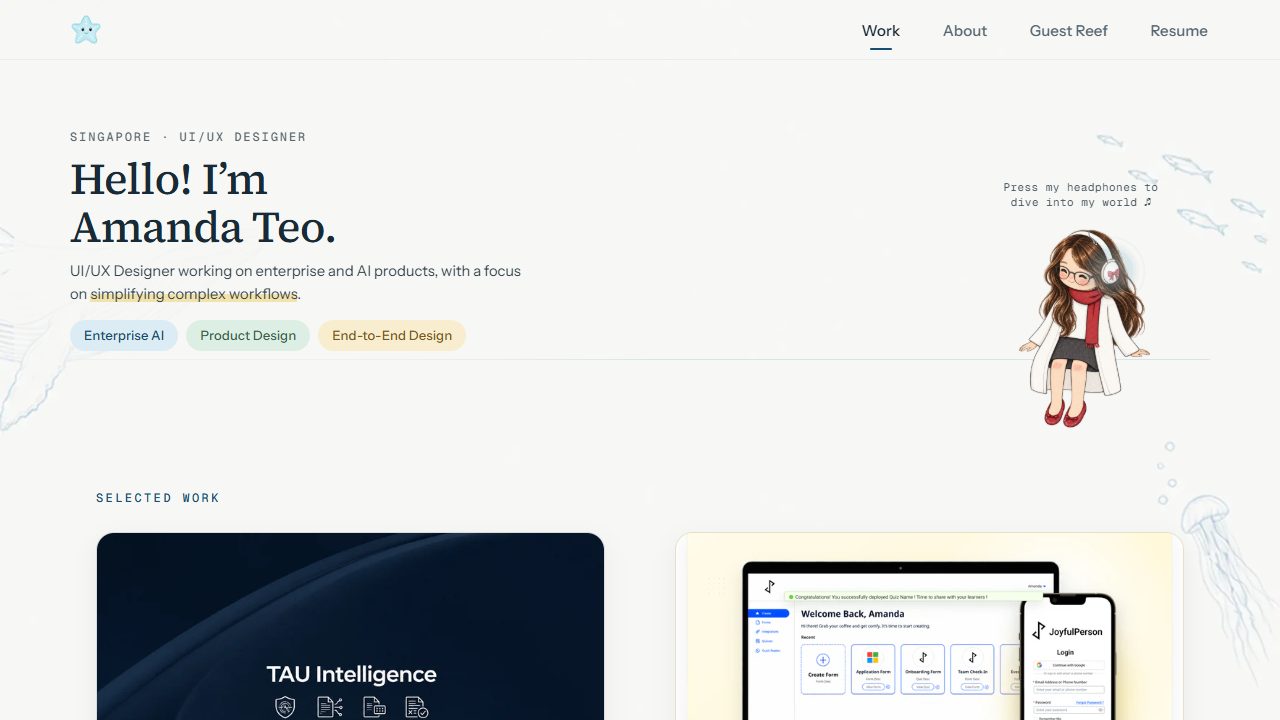 The top of this portfolio’s homepage: Amanda’s introduction beside an illustrated girl wearing headphones