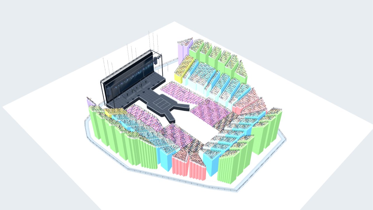 Seatpeek’s 3D model of Singapore Indoor Stadium: the stage and runway at one end, surrounded by colour-coded seating sections and standing pens