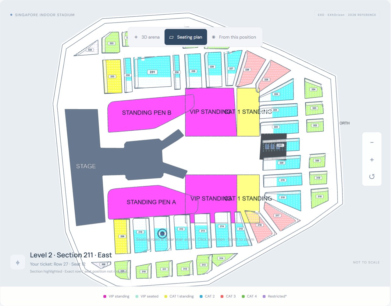 Seatpeek’s seating plan: colour-coded sections around the stage and standing pens, with a pin on Section 211 and the ticket’s row and seat shown below