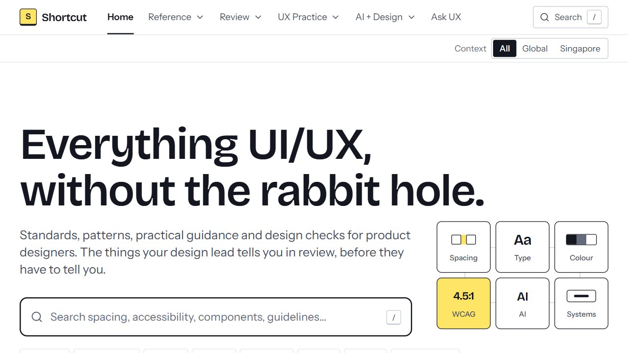 Shortcut’s homepage: the headline “Everything UI/UX, without the rabbit hole.” above a search box, beside tiles for spacing, type, colour, WCAG, AI and design systems