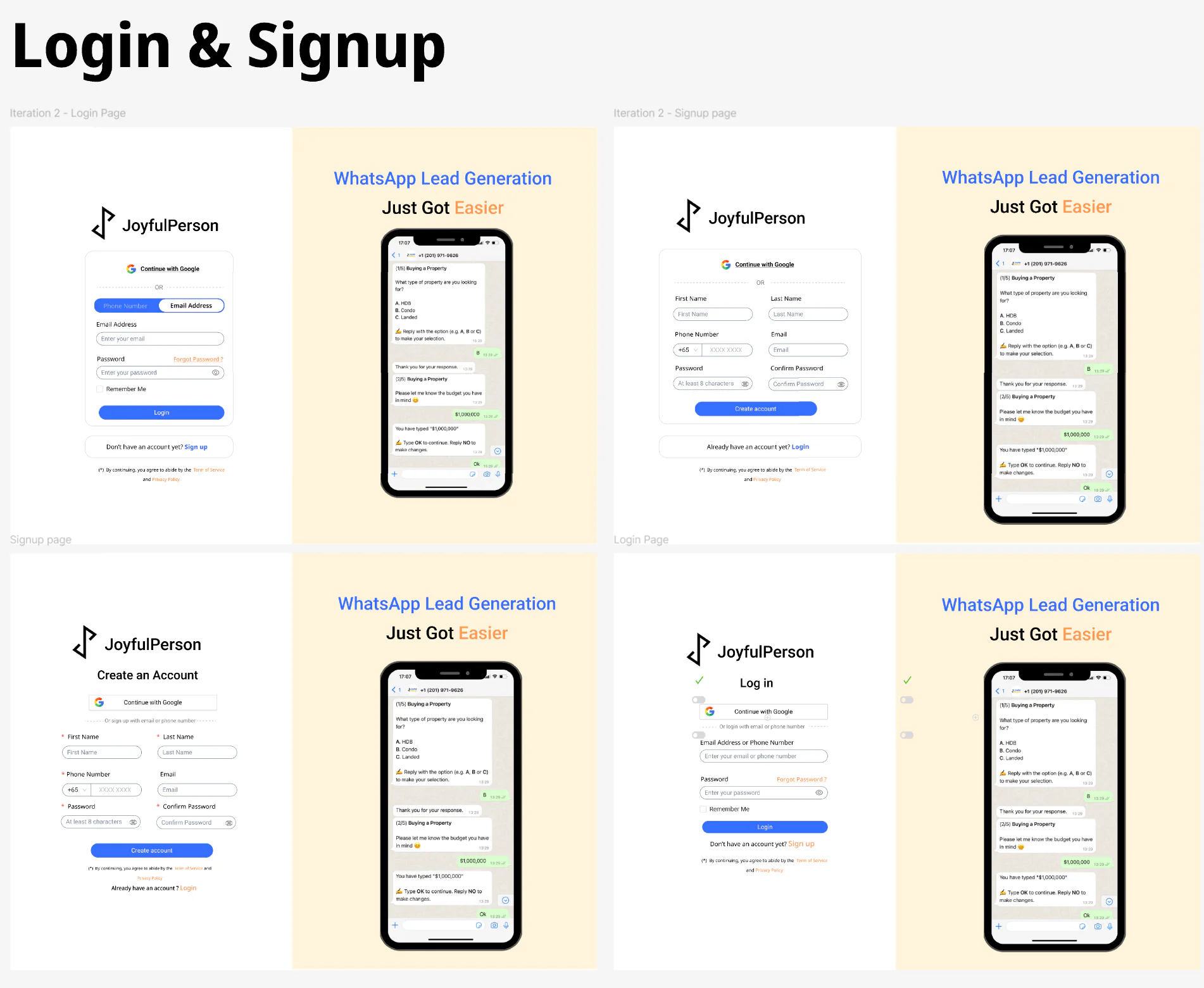 An overview of JoyForm’s login and signup screens for email, phone number and Google account access, each paired with a WhatsApp lead-generation preview panel.