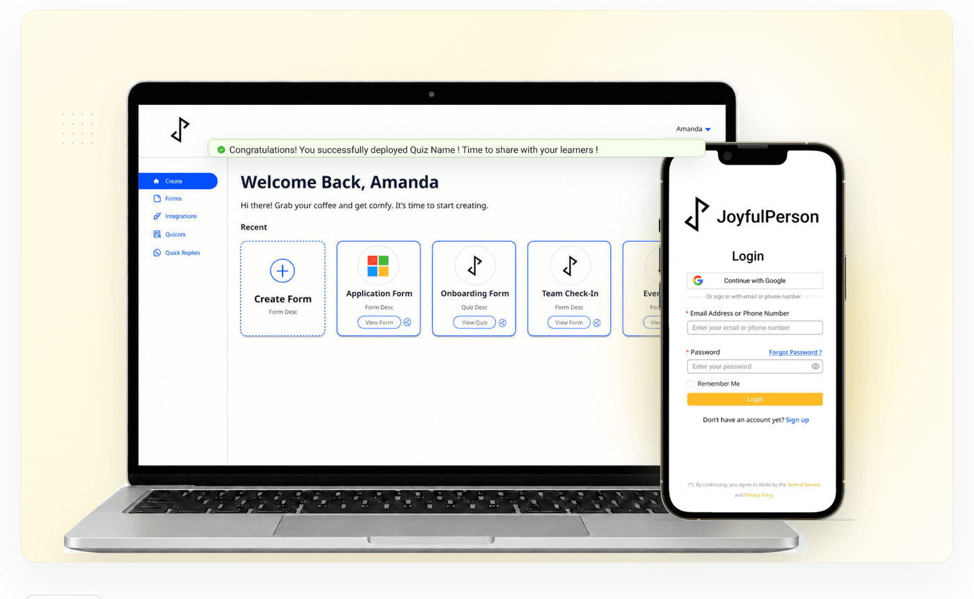 JoyForm dashboard displayed on laptop and mobile devices