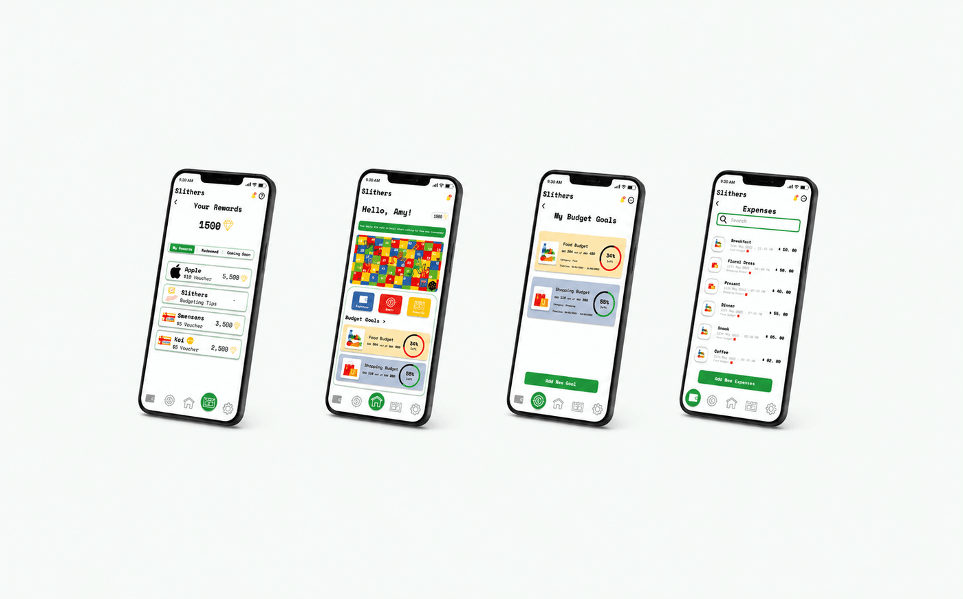 Slithers key features overview — expense tracking, goal setting, rewards, and the Snakes and Ladders game across four screens